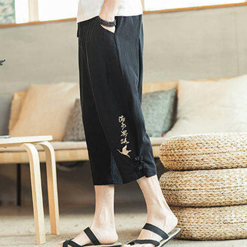 Crane Embroidery Cotton Men's Cropped Harem Pants With Pockets