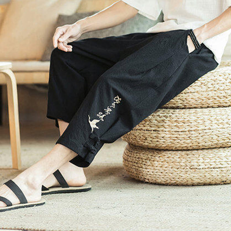 Crane Embroidery Cotton Men's Cropped Harem Pants With Pockets