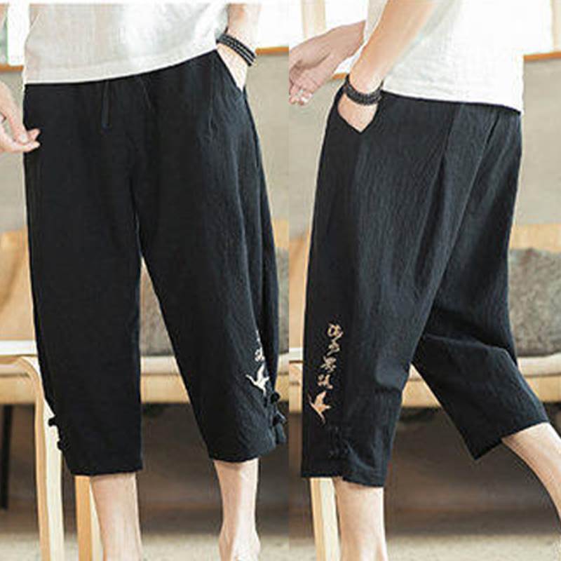 Crane Embroidery Cotton Men's Cropped Harem Pants With Pockets