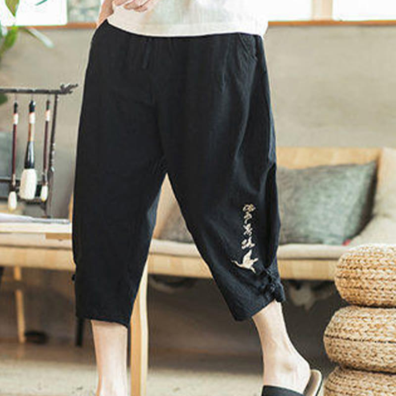 Crane Embroidery Cotton Men's Cropped Harem Pants With Pockets