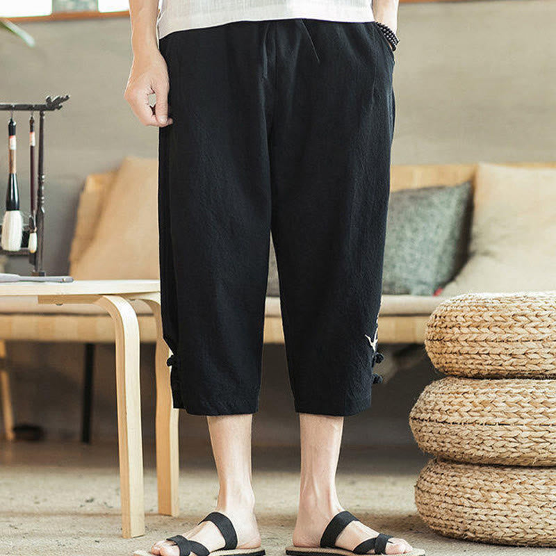 Crane Embroidery Cotton Men's Cropped Harem Pants With Pockets