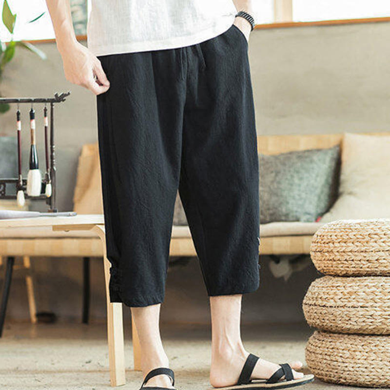 Crane Embroidery Cotton Men's Cropped Harem Pants With Pockets