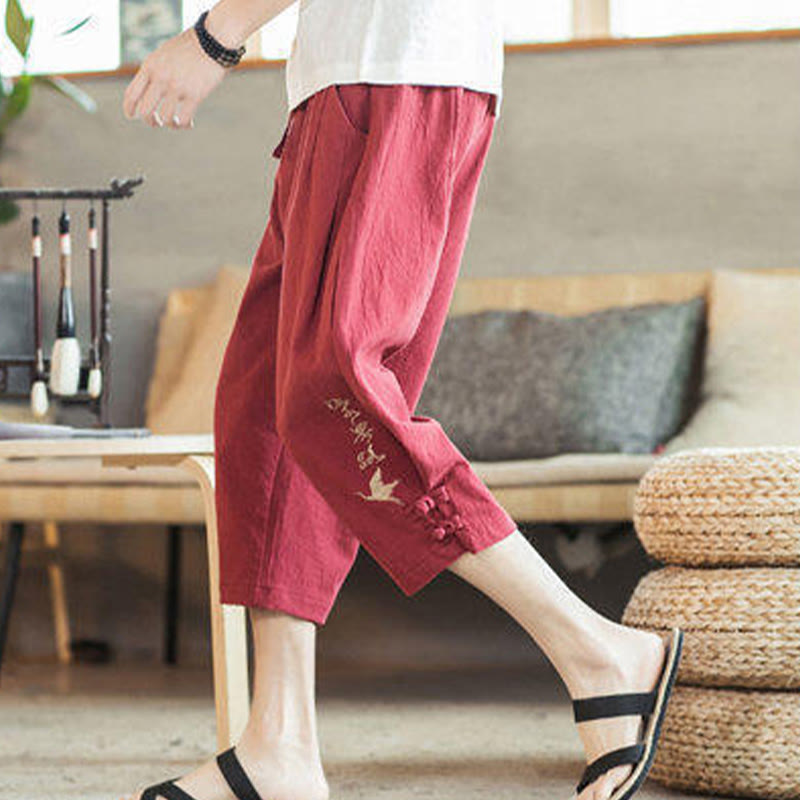 Crane Embroidery Cotton Men's Cropped Harem Pants With Pockets