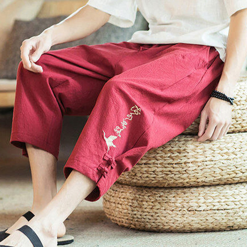 Crane Embroidery Cotton Men's Cropped Harem Pants With Pockets
