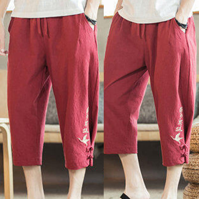 Crane Embroidery Cotton Men's Cropped Harem Pants With Pockets