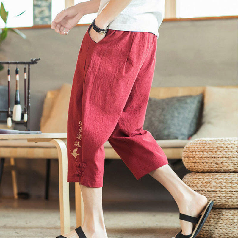 Crane Embroidery Cotton Men's Cropped Harem Pants With Pockets