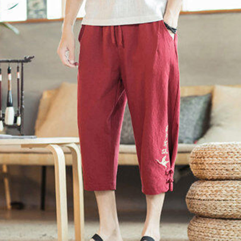 Crane Embroidery Cotton Men's Cropped Harem Pants With Pockets