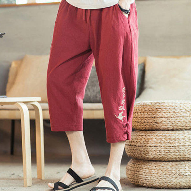 Crane Embroidery Cotton Men's Cropped Harem Pants With Pockets