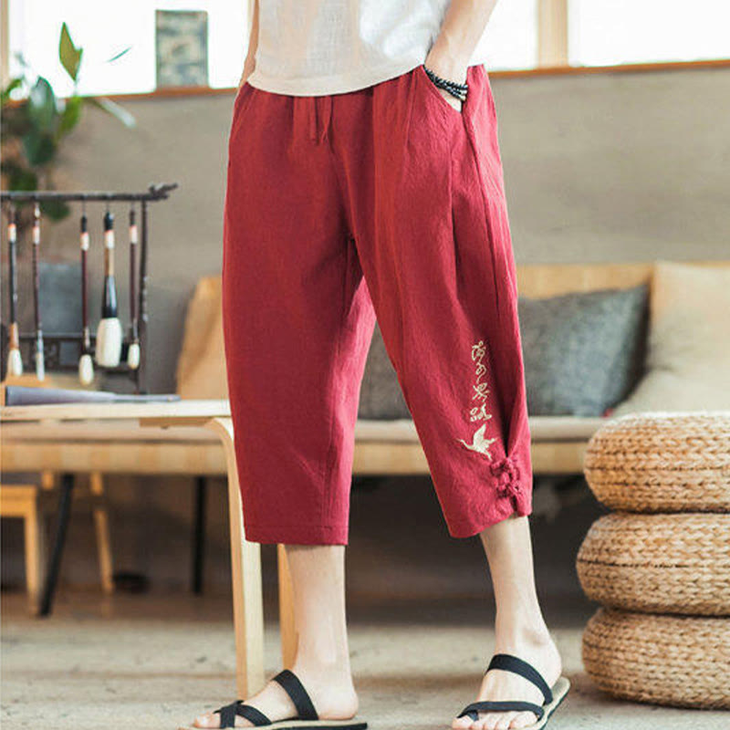 Crane Embroidery Cotton Men's Cropped Harem Pants With Pockets