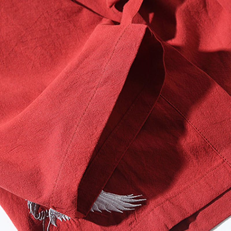 Embroidery Flying White Cranes Cotton Linen Open Front Jacket Men's Kimono