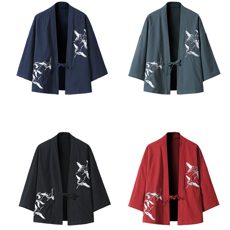 Embroidery Flying White Cranes Cotton Linen Open Front Jacket Men's Kimono