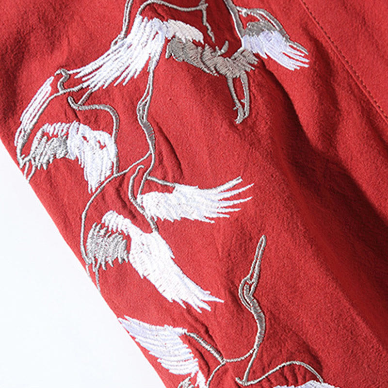 Embroidery Flying White Cranes Cotton Linen Open Front Jacket Men's Kimono
