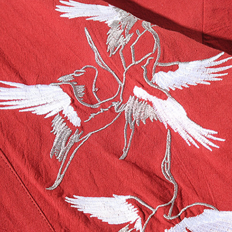 Embroidery Flying White Cranes Cotton Linen Open Front Jacket Men's Kimono