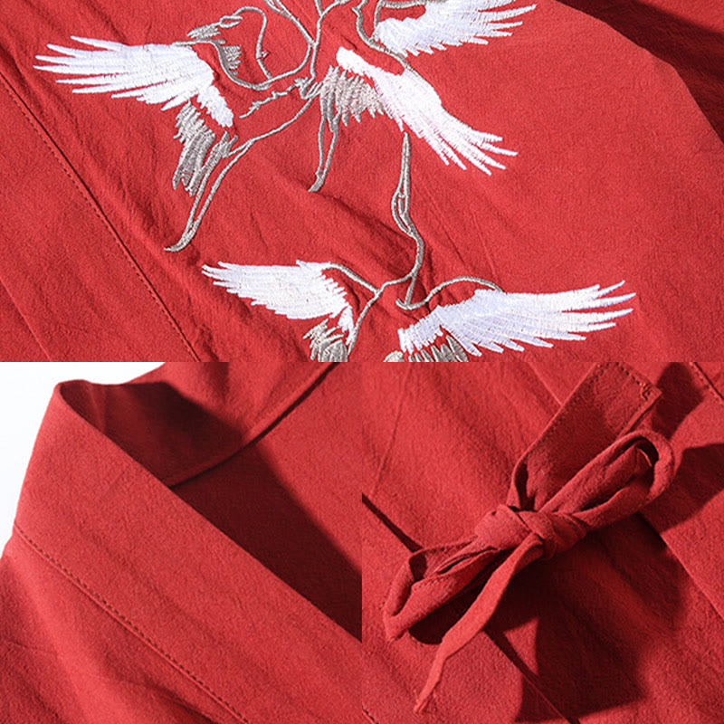 Embroidery Flying White Cranes Cotton Linen Open Front Jacket Men's Kimono