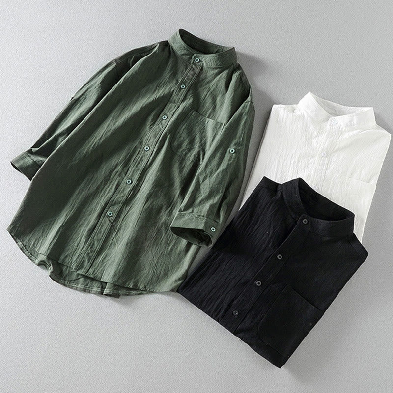 Summer Solid Men's Buttons Half Sleeve Cotton Linen Shirt