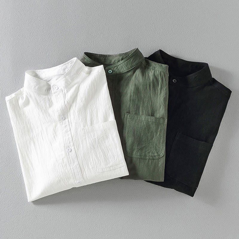 Summer Solid Men's Buttons Half Sleeve Cotton Linen Shirt