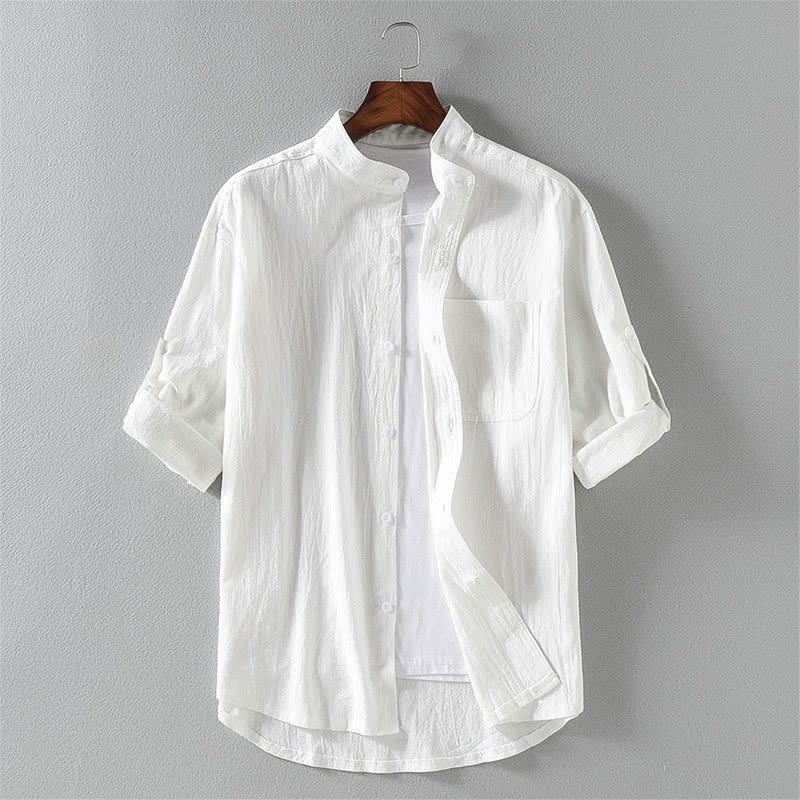 Summer Solid Men's Buttons Half Sleeve Cotton Linen Shirt
