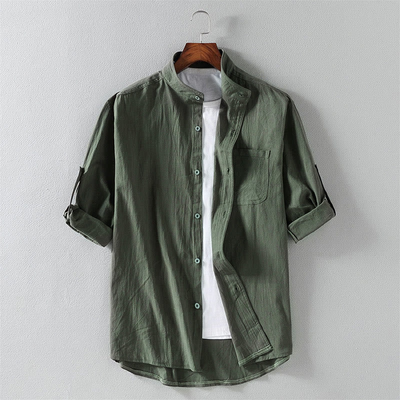 Summer Solid Men's Buttons Half Sleeve Cotton Linen Shirt