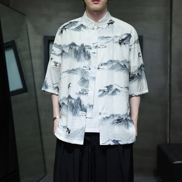 Ink Painting Mountains Chinese Frog-Button Tang Suit Men's Half Sleeve Cotton Linen Shirt