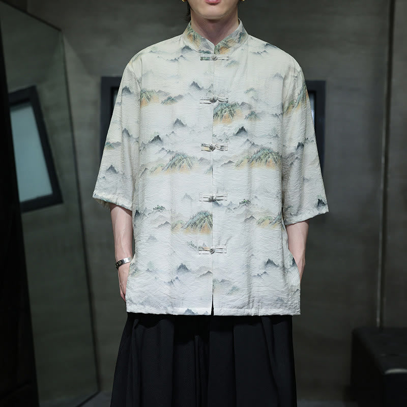 Ink Painting Mountains Chinese Frog-Button Tang Suit Men's Half Sleeve Cotton Linen Shirt