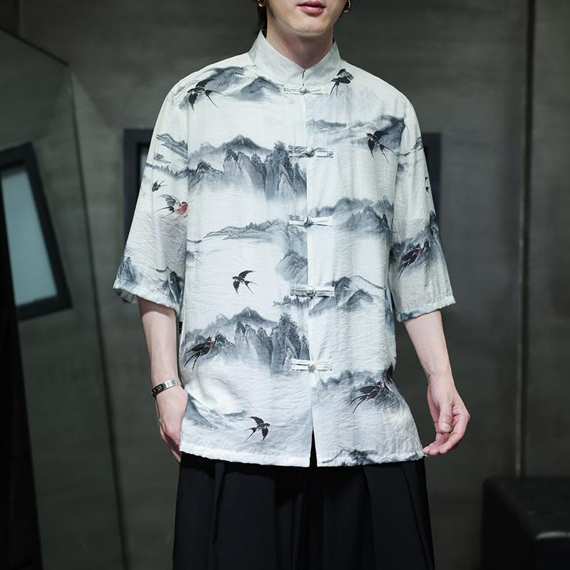 Ink Painting Mountains Chinese Frog-Button Tang Suit Men's Half Sleeve Cotton Linen Shirt