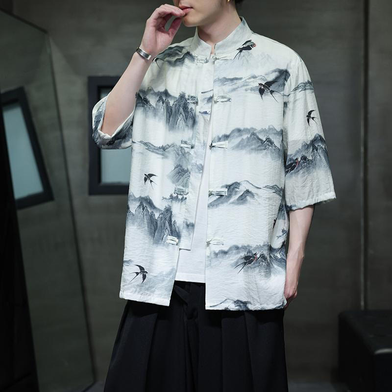 Ink Painting Mountains Chinese Frog-Button Tang Suit Men's Half Sleeve Cotton Linen Shirt