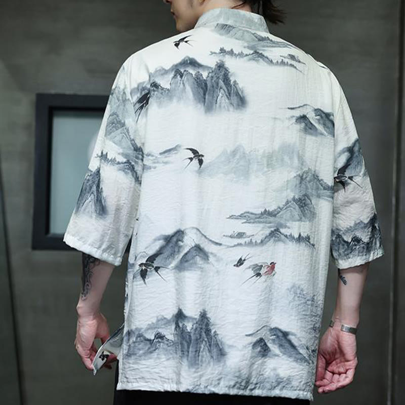 Ink Painting Mountains Chinese Frog-Button Tang Suit Men's Half Sleeve Cotton Linen Shirt