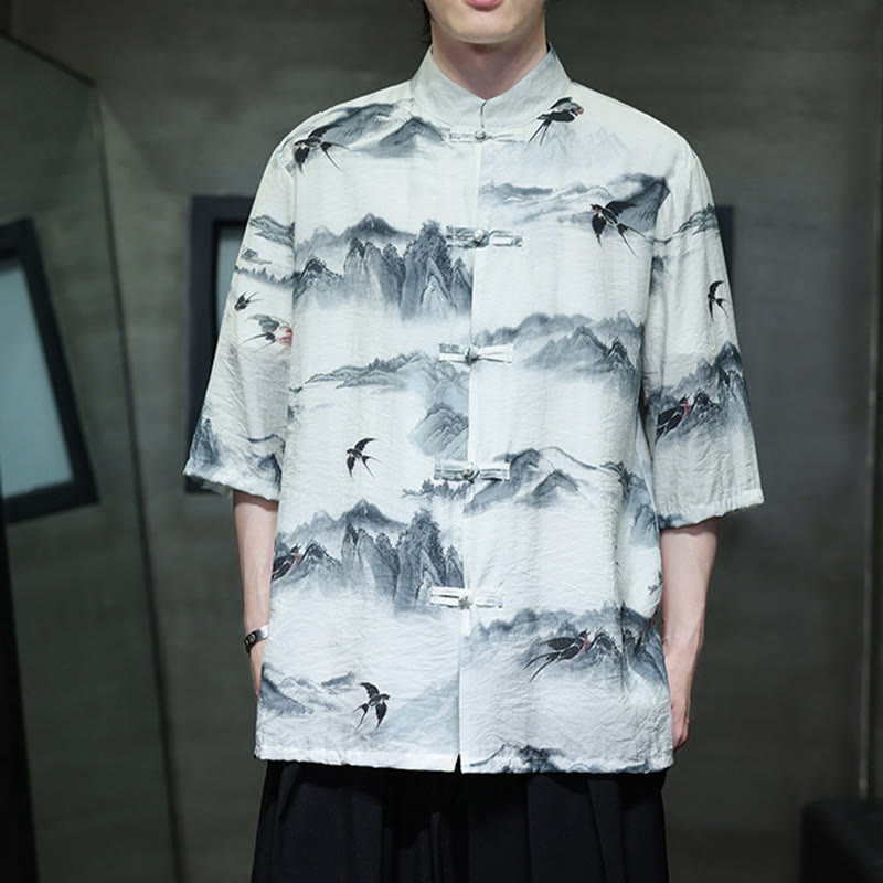 Ink Painting Mountains Chinese Frog-Button Tang Suit Men's Half Sleeve Cotton Linen Shirt