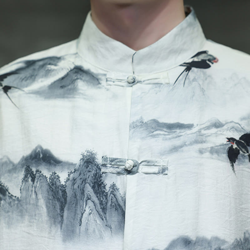 Ink Painting Mountains Chinese Frog-Button Tang Suit Men's Half Sleeve Cotton Linen Shirt
