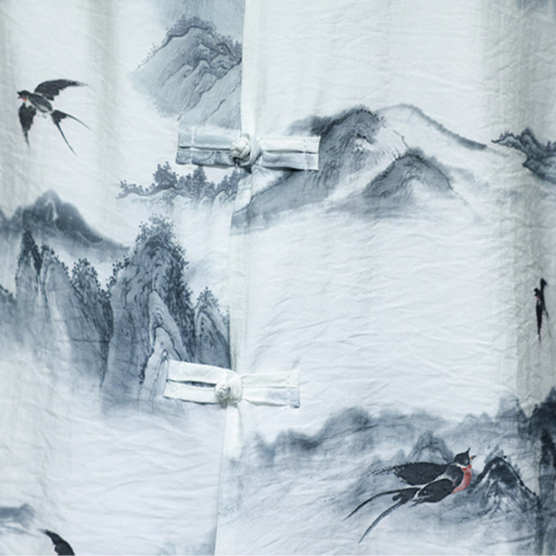 Ink Painting Mountains Chinese Frog-Button Tang Suit Men's Half Sleeve Cotton Linen Shirt