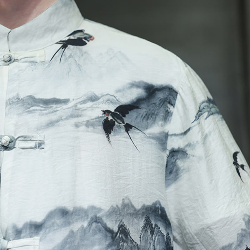 Ink Painting Mountains Chinese Frog-Button Tang Suit Men's Half Sleeve Cotton Linen Shirt