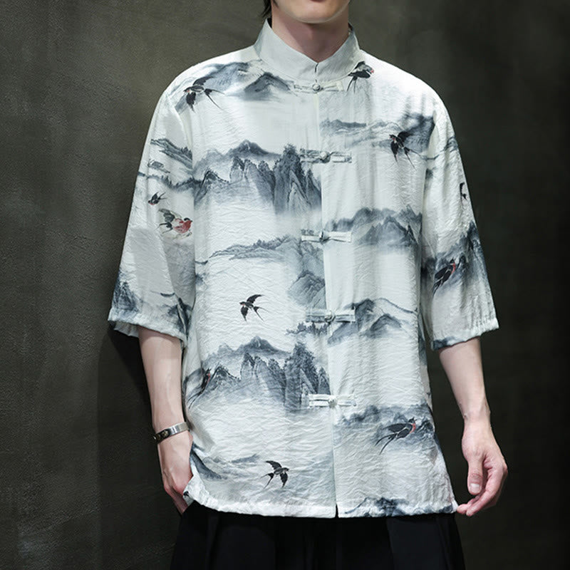 Ink Painting Mountains Chinese Frog-Button Tang Suit Men's Half Sleeve Cotton Linen Shirt