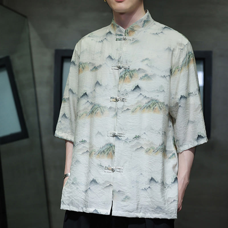 Ink Painting Mountains Chinese Frog-Button Tang Suit Men's Half Sleeve Cotton Linen Shirt
