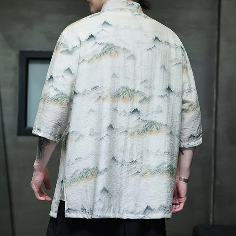 Ink Painting Mountains Chinese Frog-Button Tang Suit Men's Half Sleeve Cotton Linen Shirt
