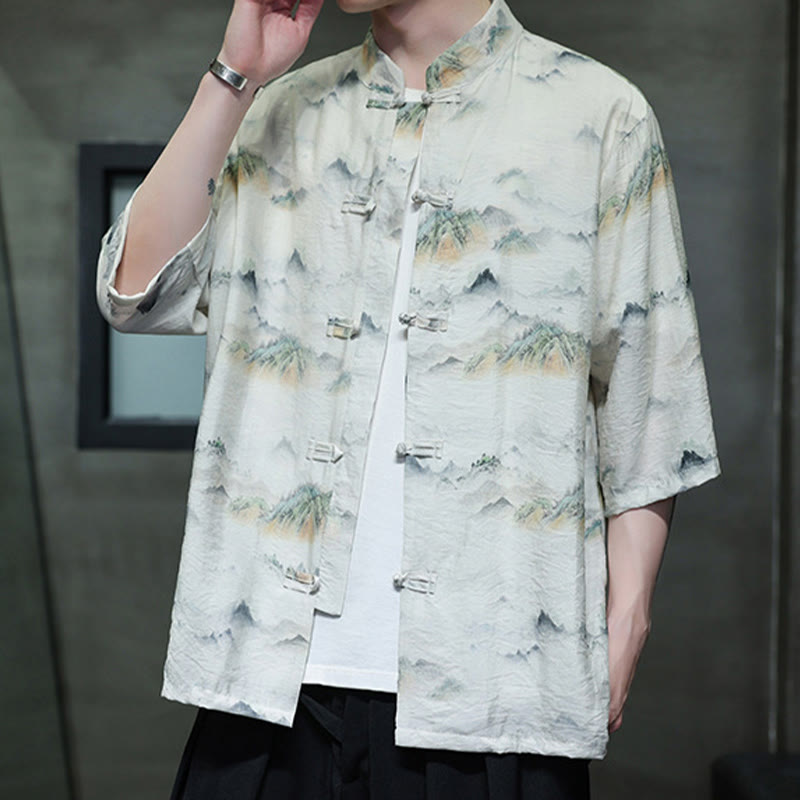 Ink Painting Mountains Chinese Frog-Button Tang Suit Men's Half Sleeve Cotton Linen Shirt