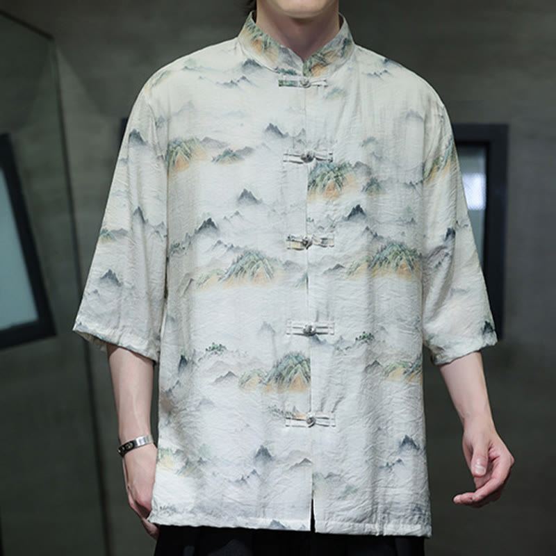 Ink Painting Mountains Chinese Frog-Button Tang Suit Men's Half Sleeve Cotton Linen Shirt
