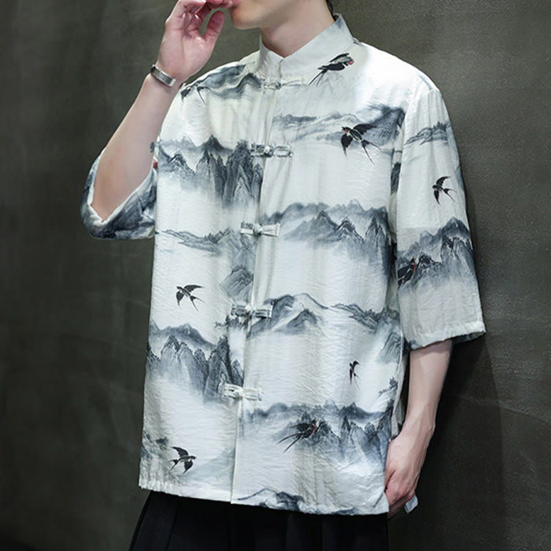 Ink Painting Mountains Chinese Frog-Button Tang Suit Men's Half Sleeve Cotton Linen Shirt