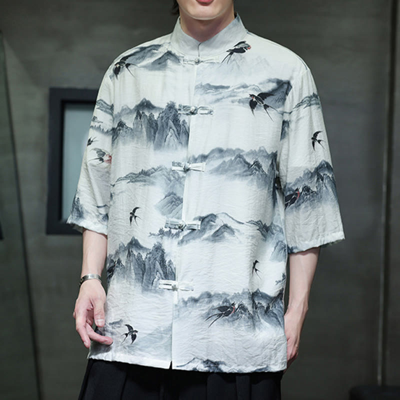 Ink Painting Mountains Chinese Frog-Button Tang Suit Men's Half Sleeve Cotton Linen Shirt