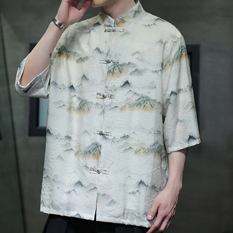 Ink Painting Mountains Chinese Frog-Button Tang Suit Men's Half Sleeve Cotton Linen Shirt