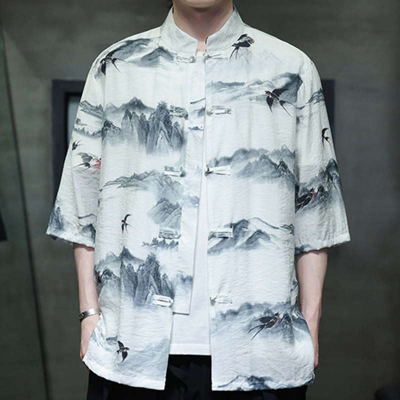 Ink Painting Mountains Chinese Frog-Button Tang Suit Men's Half Sleeve Cotton Linen Shirt