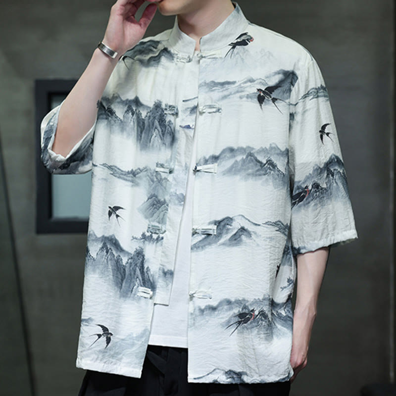 Ink Painting Mountains Chinese Frog-Button Tang Suit Men's Half Sleeve Cotton Linen Shirt