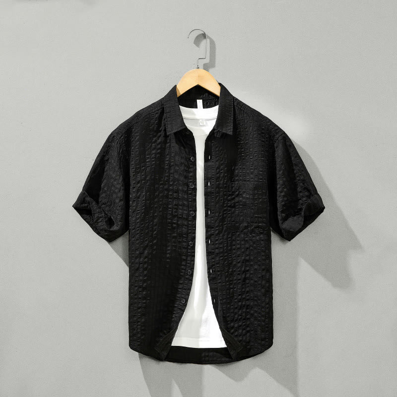 Summer Solid Breathable Men's Buttons Short Sleeve Tencel Shirt