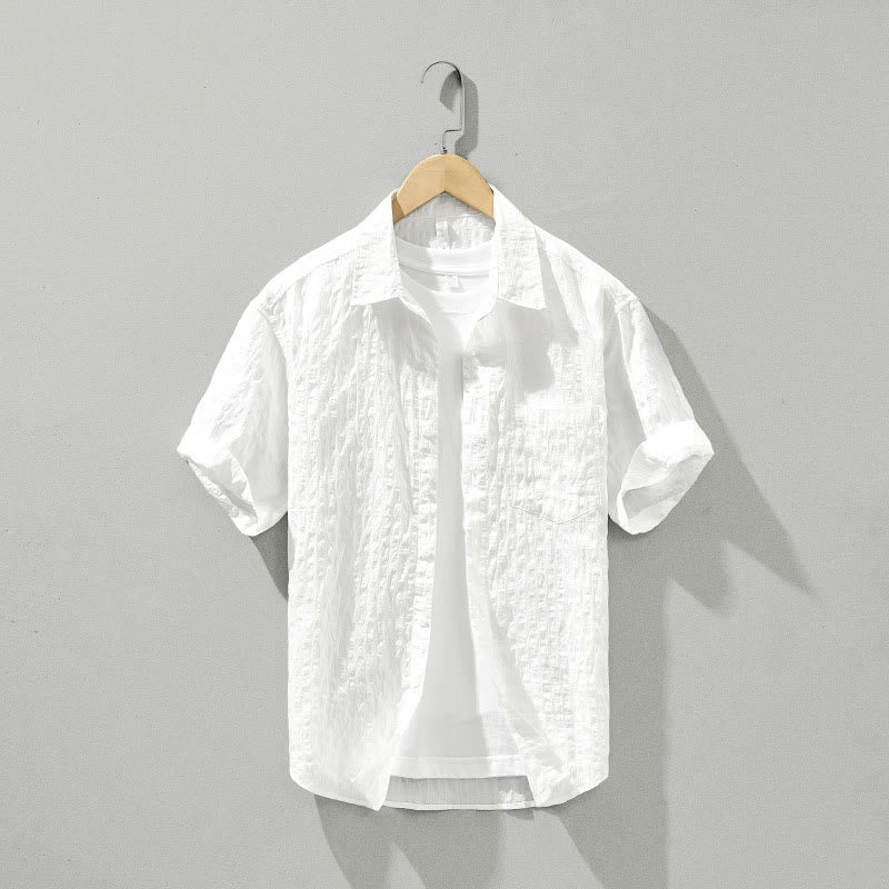 Summer Solid Breathable Men's Buttons Short Sleeve Tencel Shirt
