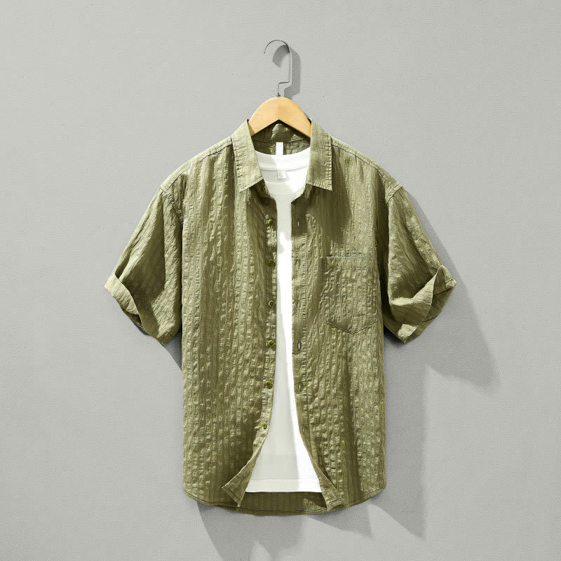 Summer Solid Breathable Men's Buttons Short Sleeve Tencel Shirt