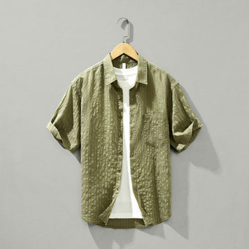 Summer Solid Breathable Men's Buttons Short Sleeve Tencel Shirt