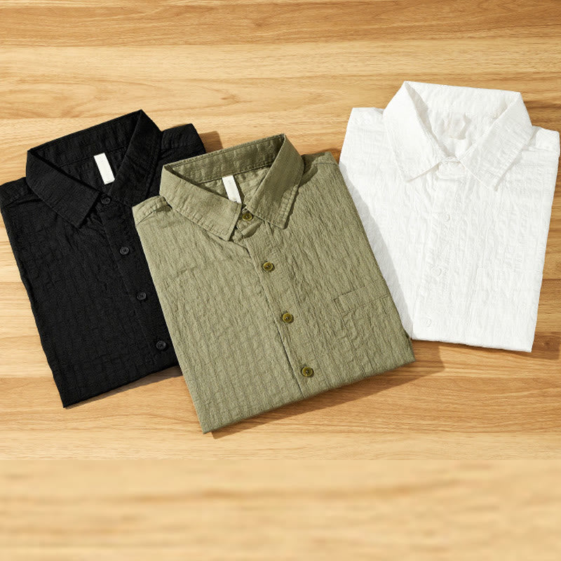 Summer Solid Breathable Men's Buttons Short Sleeve Tencel Shirt