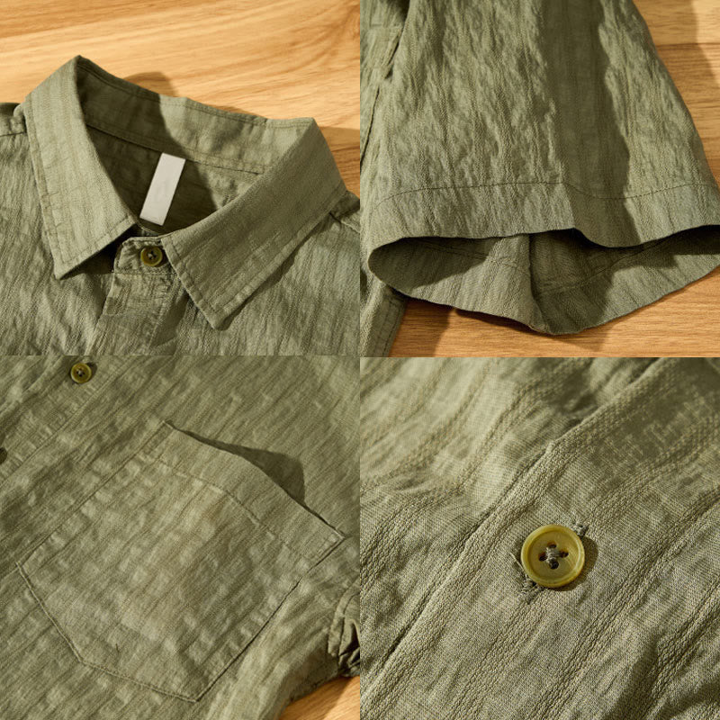 Summer Solid Breathable Men's Buttons Short Sleeve Tencel Shirt