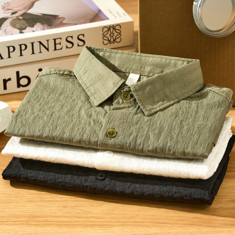 Summer Solid Breathable Men's Buttons Short Sleeve Tencel Shirt