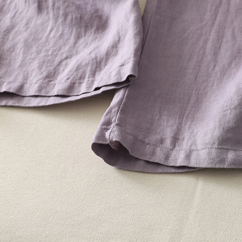 Summer Daily Solid Color Elastic Waistband Design Women's Wide Leg Cotton Linen Pants With Pockets