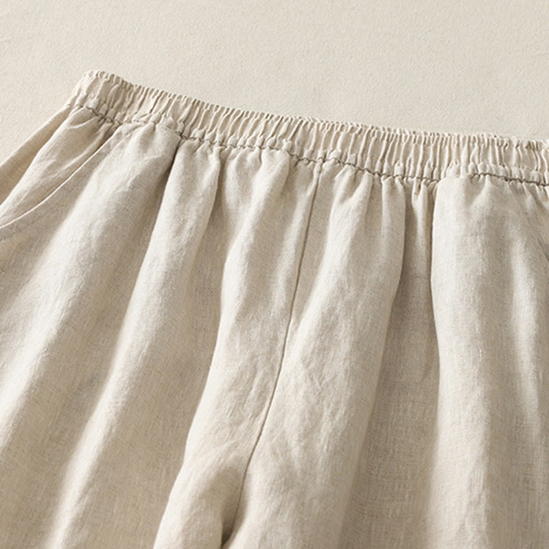 Summer Daily Solid Color Elastic Waistband Design Women's Wide Leg Cotton Linen Pants With Pockets